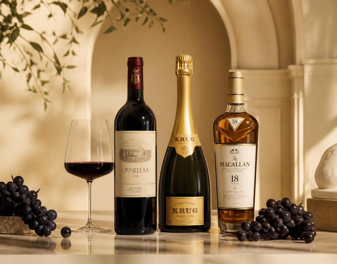 Botellas de vino, champagne y whisky premium sobre mármol con luz cálida